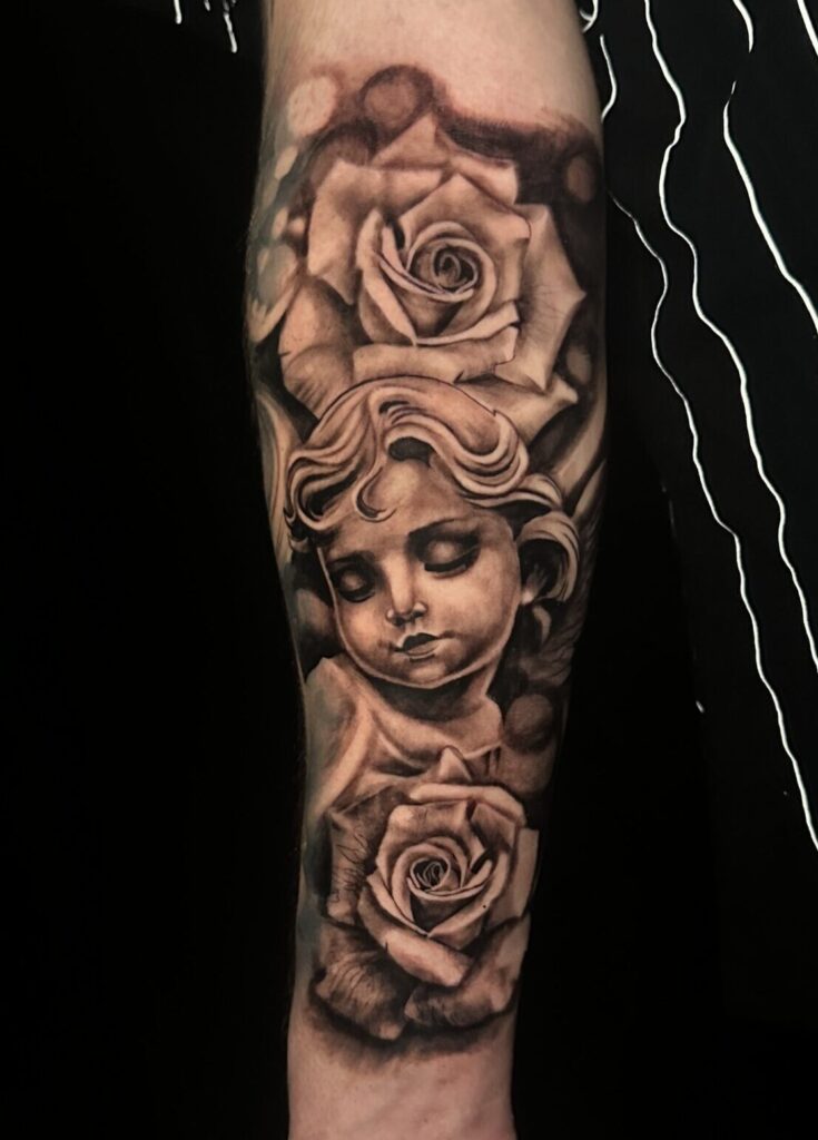 This tattoo is a black and grey piece that represent the religious side of my customer
