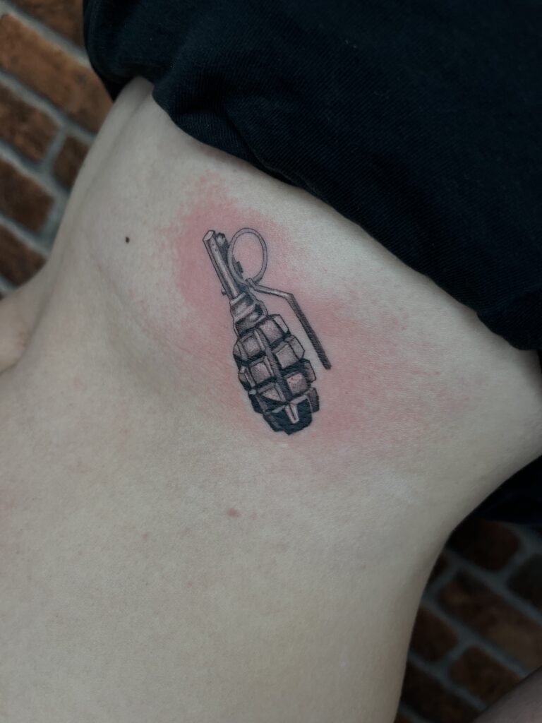 Grenade tattoo, Black and grey tattoo, micro-realistic tattoo