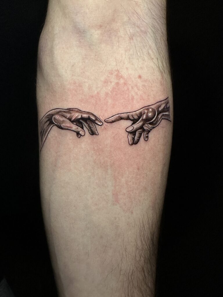 Michelangelo hands tattoo. black and grey, Micro-realistic
